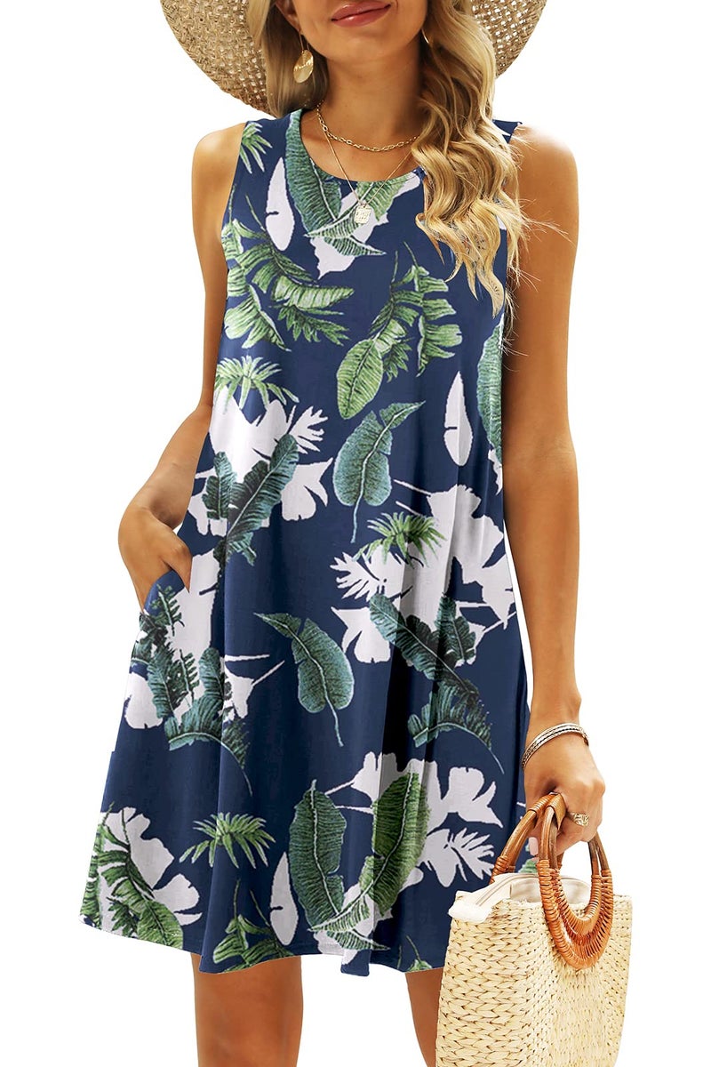 SimpleFun Beach Dress Cover Up for Women Casual Leaf Print Sleeveless Sundress Tropical Dresses Hawaiian M - Image 1